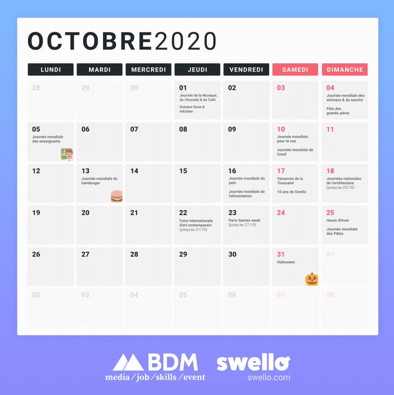 Calendrier Octobre 2020 via BDM et Swello