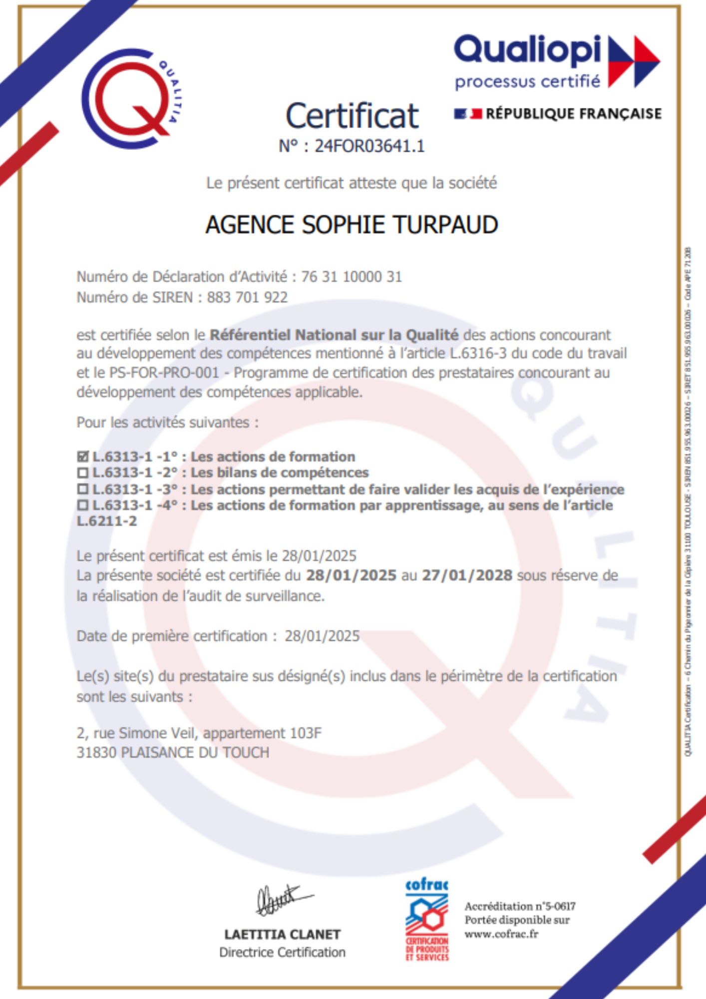 Certificat Agence Sophie Turpaud